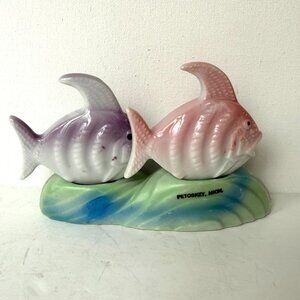 Vintage Japan Ceramic Swimming Fish Salt & Pepper Shaker Set Pink Purple 3 pcs